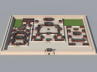 Ancient Architecture Model Featuring Square Layout Symmetrical Buildings Traditional Roofs And Green Areas 3d model