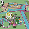 Colorful Children's Play Area Featuring Circular Structures Decorative Mushroom Shapes Vibrant Ground Patterns And Greenery