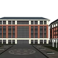 School Building Featuring Red Brick Exterior Large Glass Windows Black Roof Front Plaza And Students