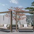 Outdoor Hanging Chairs with Metal Frames and Beige Cushions in Patio Garden Under Blue Sky