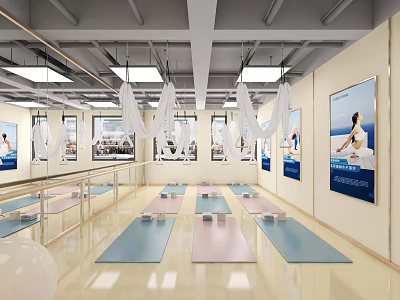 Bright Spacious Yoga Studio With Multiple Yoga Mats Barre Rails And Fitness Posters On Walls 3d model