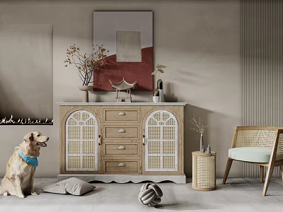 Modern Entryway Cabinet And Sideboard With Rattan Doors And Decorative Items 3d model