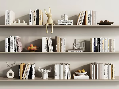 Stylish Home Bookshelf With Decorative Books Rabbit Figurine And Fruit Bowl Arrangement 3d model