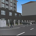 Urban Road Facilities at Building Entrance With Access Control Barriers Lamp Posts Lane Markings and Cars