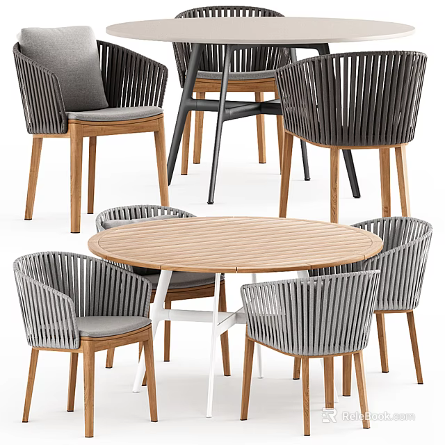 Modern Round Outdoor Table With Wooden Top And Woven Back Chairs 3d model 