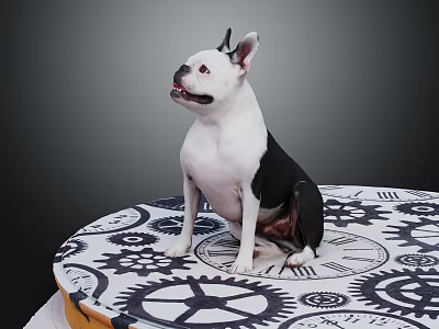 Black and white dog sitting on gear pattern mat against gray background 3d model