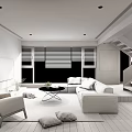 Modern Living Room Interior With Gray Sofa Brown Armchair Window Blinds And Green Plants