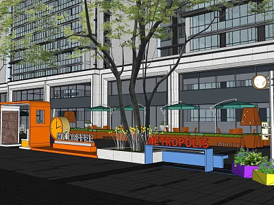 Modern Metropolis Outdoor Plaza With Seating Umbrellas Trees And Café Kiosk 3d model
