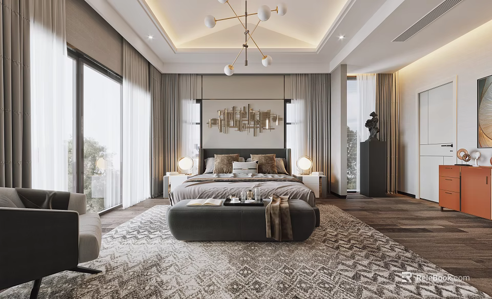 Modern Elegant Bedroom Interior With King Bed Bedside Lamps Chandelier and Patterned Rug 3d model 