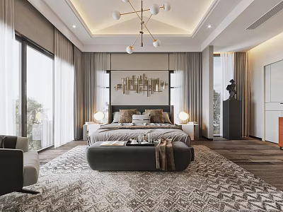 Modern Elegant Bedroom Interior With King Bed Bedside Lamps Chandelier and Patterned Rug 3d model