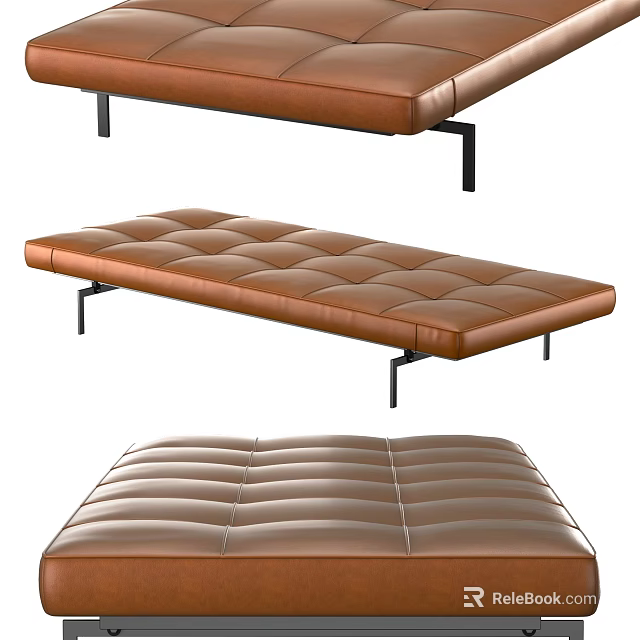 Brown Leather Sofa Bench With Diamond Tufted Surface And Metal Legs Design 3d model