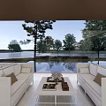 Modern Sales Office Interior With Spacious Layout White Sofas Glass Windows And Outdoor Tree View