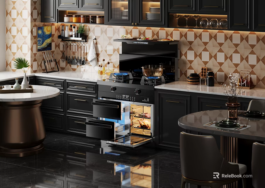 Modern Kitchen Interior Design With Dark Cabinets Marble Island And Stainless Steel Appliances 3d model 