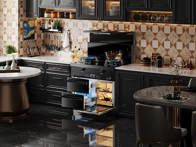 Modern Kitchen Interior Design With Dark Cabinets Marble Island And Stainless Steel Appliances 3d model