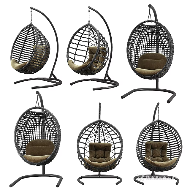Rattan Hanging Chair Various Styles With Stand Hanging Design Brown Cushion 3d model 