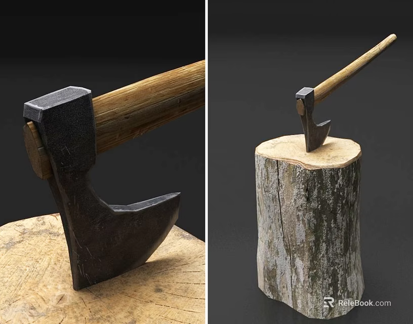 Vintage Axe Weapon with Wooden Handle and Metal Head Displayed on Tree Stump 3d model 