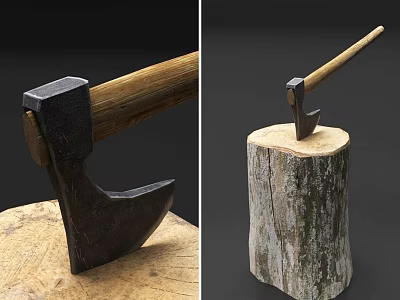 Vintage Axe Weapon with Wooden Handle and Metal Head Displayed on Tree Stump 3d model