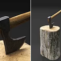 Vintage Axe Weapon with Wooden Handle and Metal Head Displayed on Tree Stump