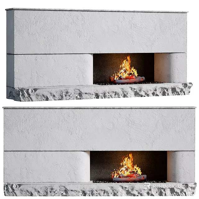 Modern White Stone Fireplace With Burning Fire In Cozy Interior Design 3d model 