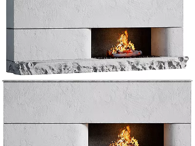 Modern White Stone Fireplace With Burning Fire In Cozy Interior Design 3d model