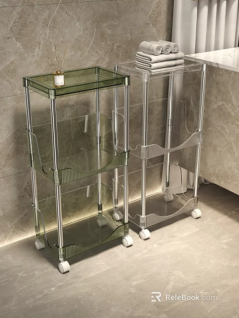 Clear Acrylic Multi Tier Shelving Unit with Rolling Wheels and Open Storage Design 3d model 