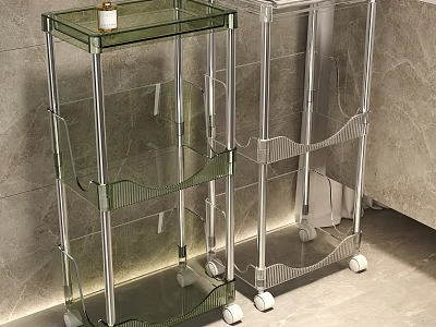 Clear Acrylic Multi Tier Shelving Unit with Rolling Wheels and Open Storage Design 3d model