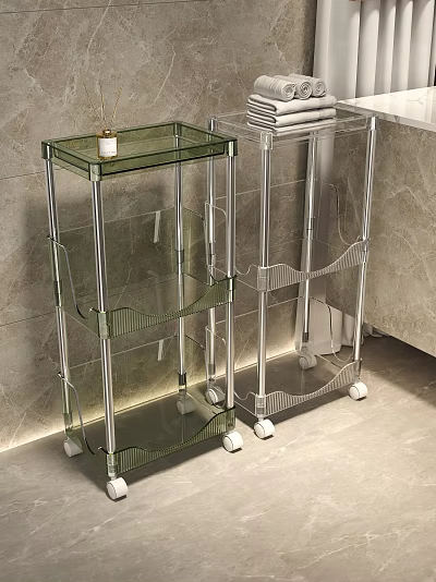 Clear Acrylic Multi Tier Shelving Unit with Rolling Wheels and Open Storage Design 3d model
