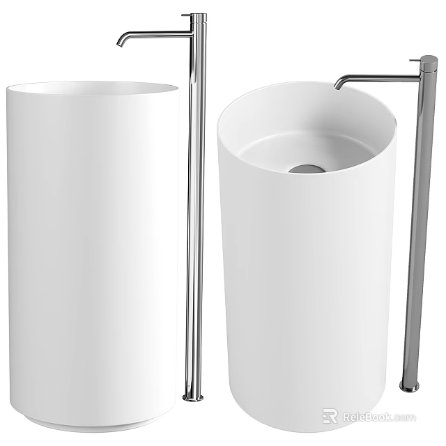 Modern Minimalist Pedestal Washbasin With White Cylindrical Design And Metal Faucet 3d model 