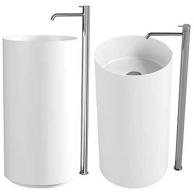 Modern Minimalist Pedestal Washbasin With White Cylindrical Design And Metal Faucet 3d model