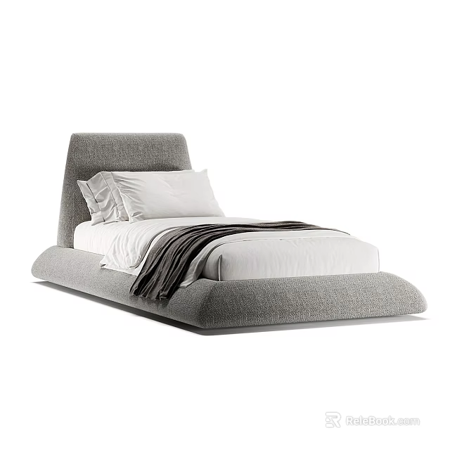Gray Upholstered Single Bed With Modern Headboard White Pillows And Dark Blanket 3d model 