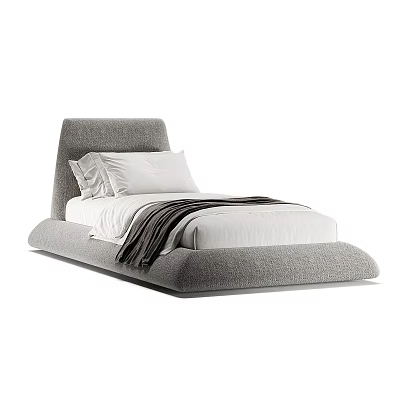 Gray Upholstered Single Bed With Modern Headboard White Pillows And Dark Blanket 3d model