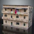 Three Story Building Model With Weathered Beige Exterior Dark Stains And Balconies Hanging Colored Clothes