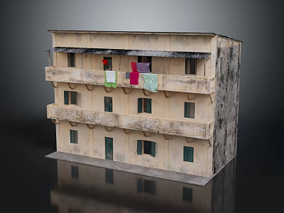 Three Story Building Model With Weathered Beige Exterior Dark Stains And Balconies Hanging Colored Clothes 3d model