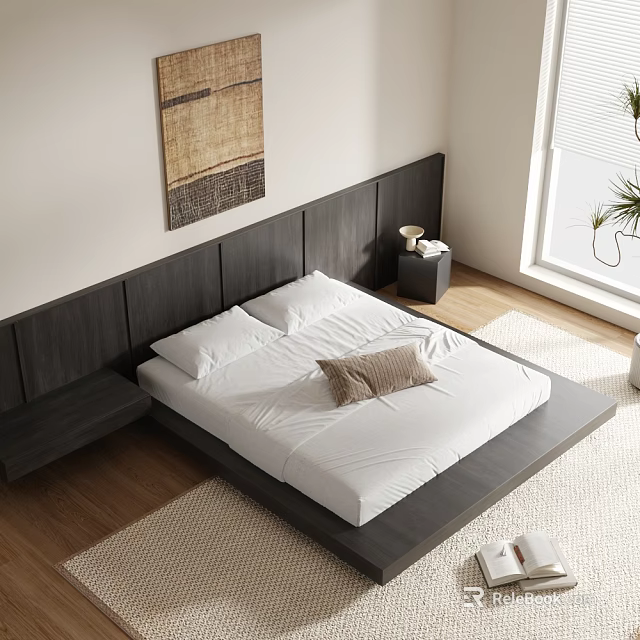 Modern Bedroom Interior Design With Gray Headboard White Sheets Brown Pillow And Wooden Floor 3d model 