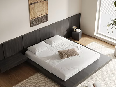Modern Bedroom Interior Design With Gray Headboard White Sheets Brown Pillow And Wooden Floor 3d model