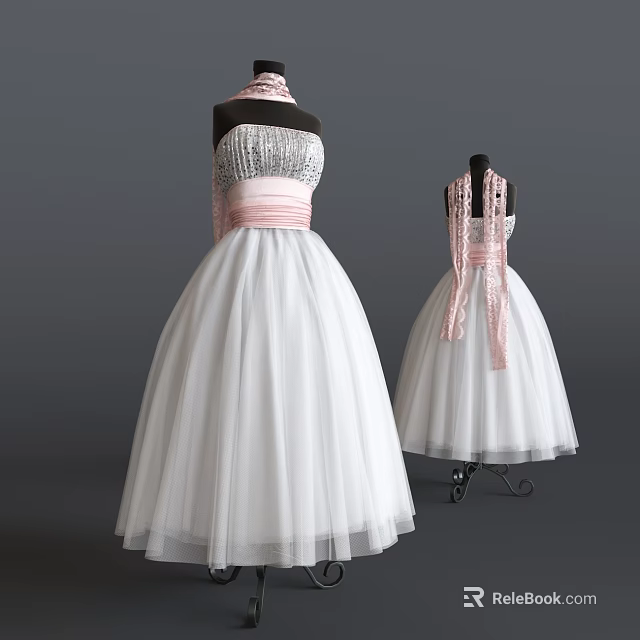 Models Wearing White Tulle Dresses With Sequined Bodice And Pink Sash Accents 3d model 