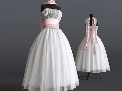 Models Wearing White Tulle Dresses With Sequined Bodice And Pink Sash Accents 3d model