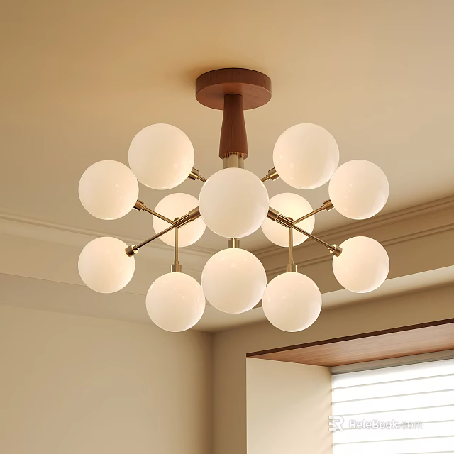 Elegant Modern Chandelier With White Globe Bulbs Golden Arms And Wooden Canopy 3d model 