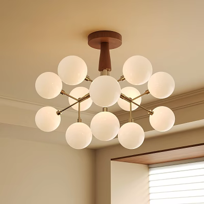 Elegant Modern Chandelier With White Globe Bulbs Golden Arms And Wooden Canopy 3d model
