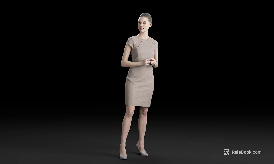 Woman in Beige Dress Standing Against Black Background with Hands Clasped and High Heels 3d model 