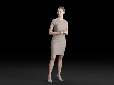 Woman in Beige Dress Standing Against Black Background with Hands Clasped and High Heels 3d model