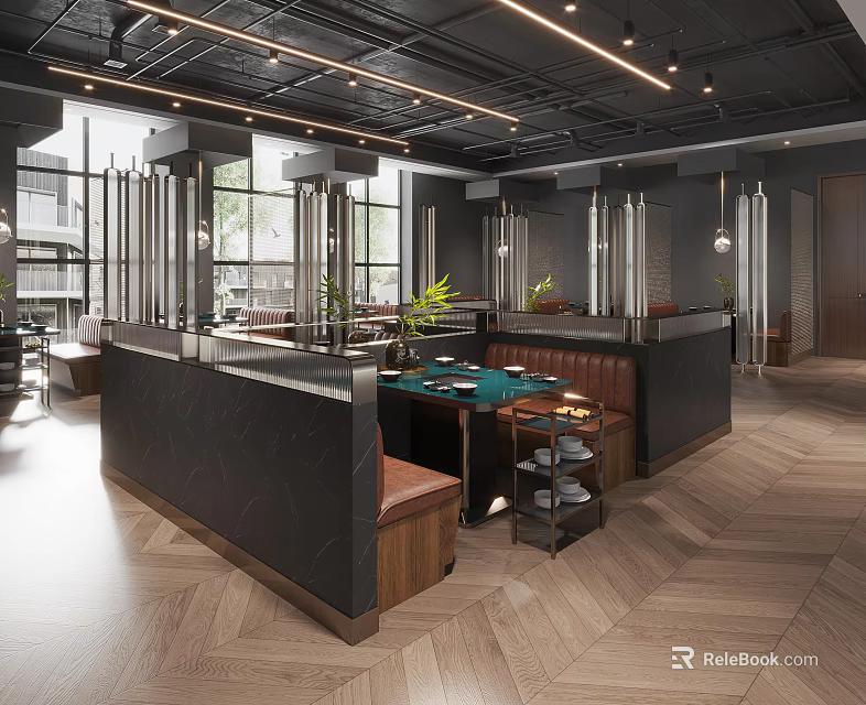 Stylish Modern Hot Pot Restaurant Interior With Dining Tables Leather Seats And Decorative Plants 3d model 