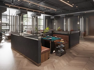 Stylish Modern Hot Pot Restaurant Interior With Dining Tables Leather Seats And Decorative Plants 3d model