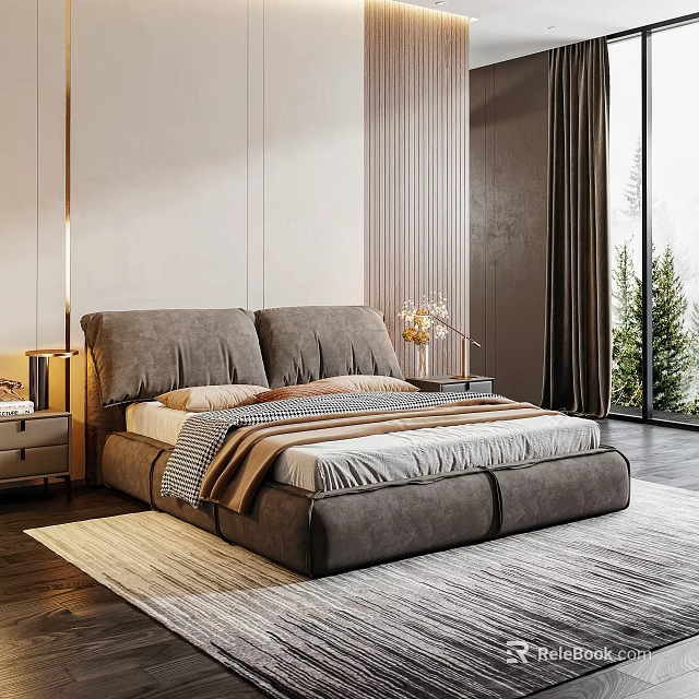 Modern Upholstered Double Bed With Striped Bedding Nightstands Lamps And Light Rug By Window 3d model 
