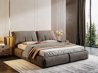 Modern Upholstered Double Bed With Striped Bedding Nightstands Lamps And Light Rug By Window 3d model