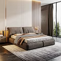 Modern Upholstered Double Bed With Striped Bedding Nightstands Lamps And Light Rug By Window