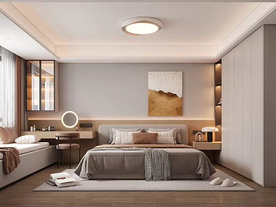 Modern Bedroom Interior Design With Bed Bedside Table Rug Dressing Table And Abstract Painting 3d model