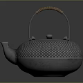 Traditional Iron Teapot With Dotted Texture And Brown Woven Handle 3d model