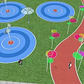 Park Landscape With Green Grass Colorful Circular Areas Red Path And Decorative Structures