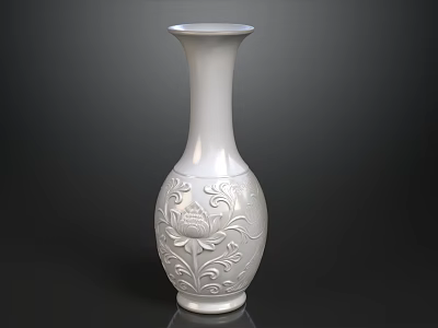 White Ceramic Vase With Intricate Lotus Carving And Floral Patterns On Dark Background 3d model